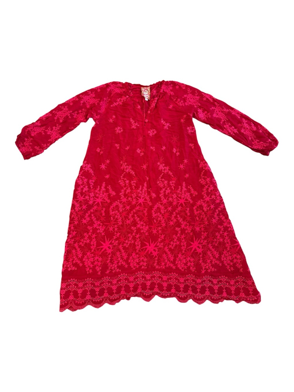 JOHNNY WAS Red Embroidered Long Sleeve Tunic Dress | Bohemian Style | Size Small